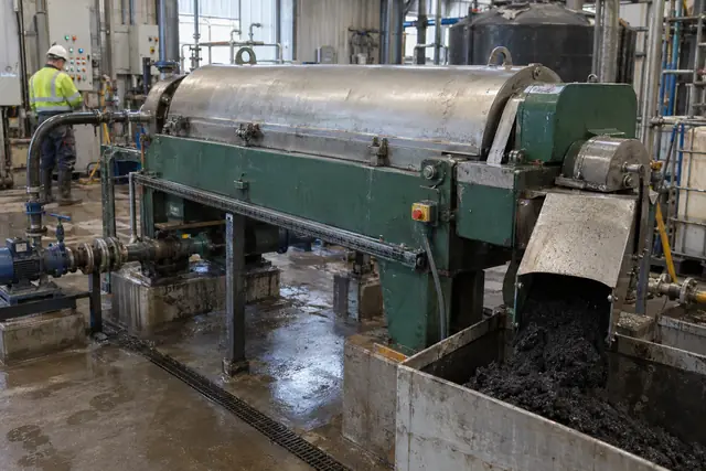 Decanter centrifuge discharging dewatered sludge cake into a collection bin
