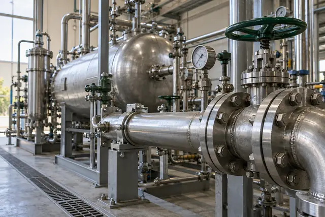 Stainless steel process vessel with flanged piping, valves and gauges in a thermal processing plant